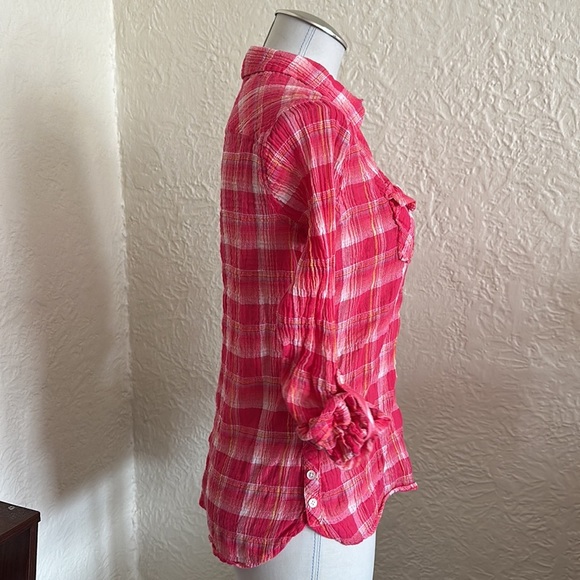 C&C California Pink Plaid Lightweight Woven Crinkle Button Up Shirt Small - Picture 7 of 9